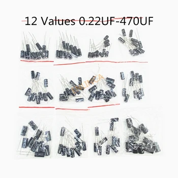 120шт 12 значений 0,22 МКФ-470 МКФ Ассортимент алюминиевых электролитических конденсаторов комплект 16в 50в 0,22 мкф 0,47 мкф 1 мкф 2,2 мкф 4,7 мкф 22 мкф