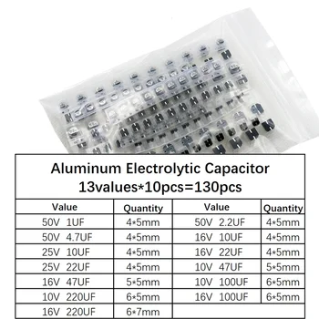 130 шт./ЛОТ, алюминиевый электролитический конденсатор SMD емкостью 1 мкФ-220 мкФ, набор ассорти, 13 значений * 10 шт. = набор образцов 130 шт.