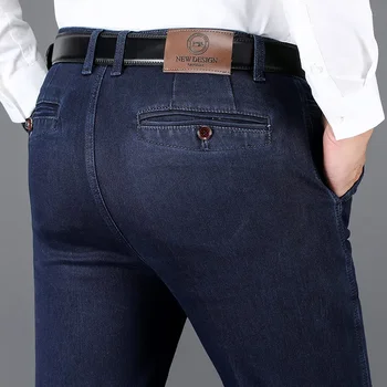 Осенне-зимние классические мужские деловые джинсы с высокой талией, однотонные прямые эластичные джинсовые брюки, мужские брендовые плотные брюки E113