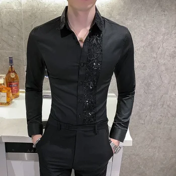 Роскошная Черно-белая Сексуальная кружевная рубашка в стиле пэчворк 2023, модное мужское приталенное светское платье для певицы из ночного клуба, повседневные рубашки для вечеринок 4XL-M
