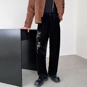 Мужская одежда SYUHGFA 2024, осенние штаны с бамбуковой вышивкой в китайском стиле, повседневные свободные бархатные прямые брюки для мужчин