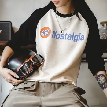 Женская осенняя контрастная футболка Maden в стиле ретро, свитер с длинным рукавом и рукавом Реглан, вафельный низ, осенний топ