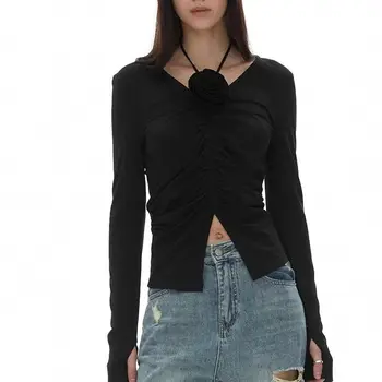 Женский черный топ с цветочным узором и длинным рукавом, тонкие модные топы