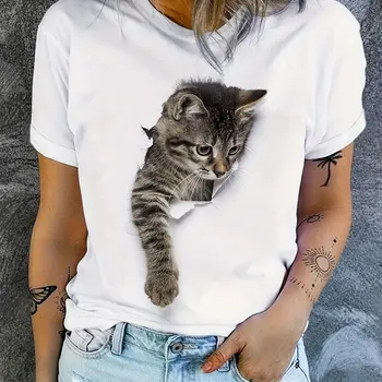 Женская футболка с милым котенком и 3D круглым вырезом, летняя новинка, модный дышащий удобный женский топ с короткими рукавами