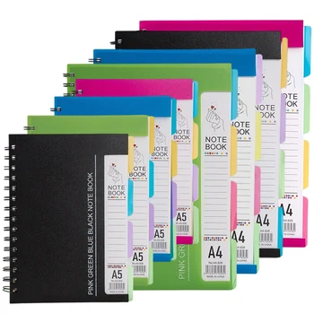 Блокнот на 96 листов на спирали с 4 разделительными страницами формата А4/А5, страницы на подкладке Синего, зеленого, черного, розового цветов, записная книжка в проволочном переплете.