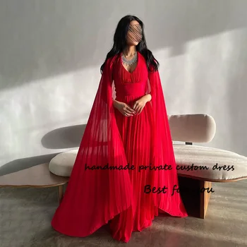 Красные шифоновые платья на бретелях с накидкой, Саудовское Арабское вечернее платье длиной до пола, вечерние платья на шнуровке сзади