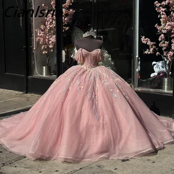 Розовый жемчуг, расшитый бисером, Бальное платье с открытыми плечами, пышные платья, аппликации с блестками, Кружевной корсет, Vestidos De 15 Años